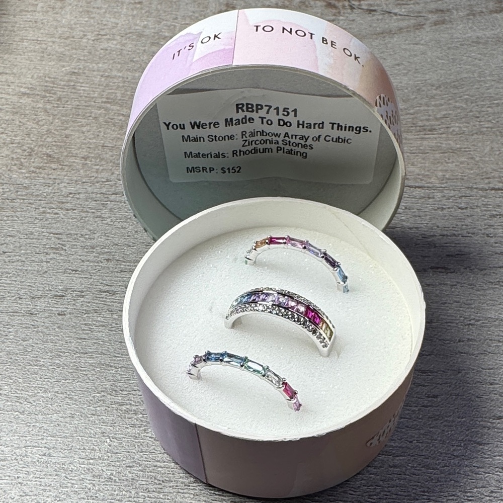 NEW Bomb Party Rainbow Cubic Zirconia Ring Set Mental Health Awareness